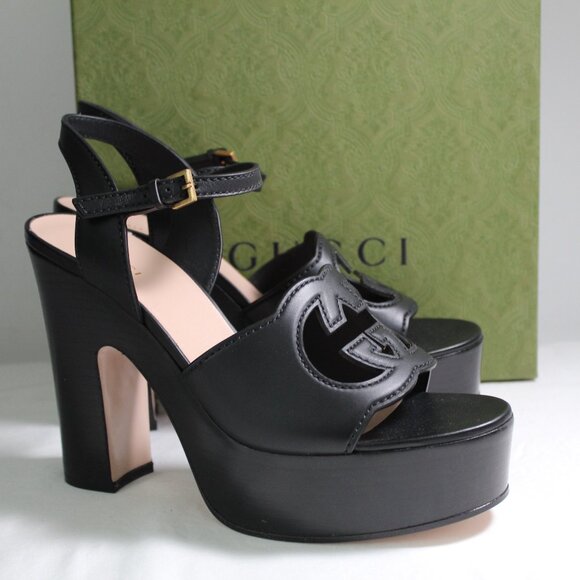 NWB Gucci Ankle Strap Interlocking GG Platform Sandals Heels Cut Out 40 730022 - Picture 1 of 6